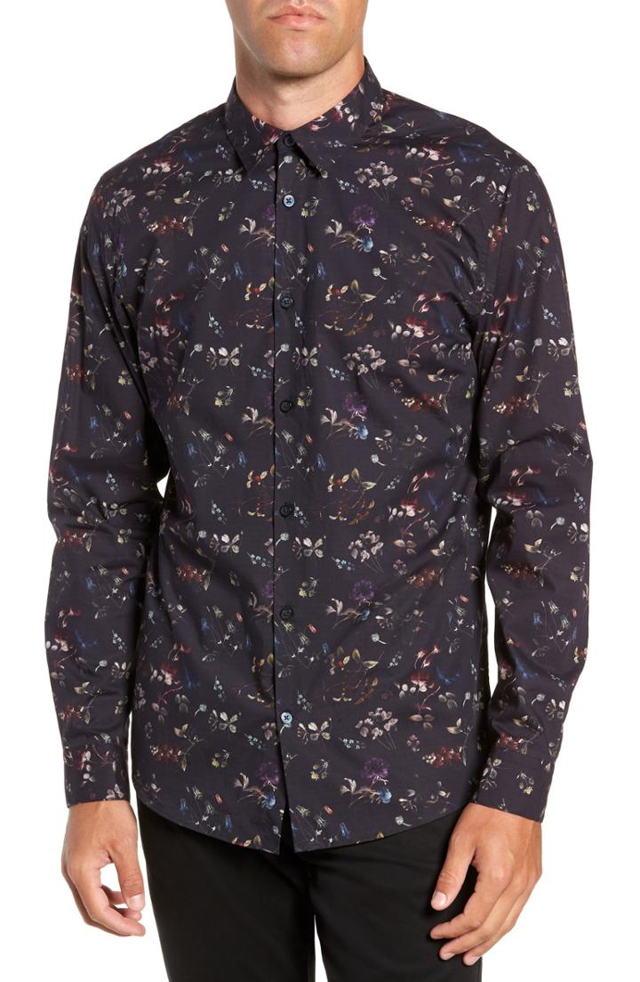 Men's Selected Homme Primus Slim Fit Floral Print Sport Shirt, Size - Blue