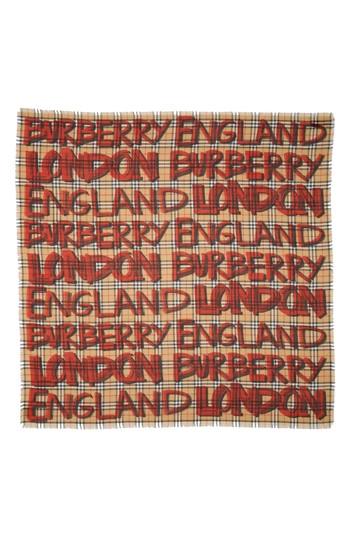 Women's Burberry Marker Text Check Print Wool & Silk Scarf, Size - Red