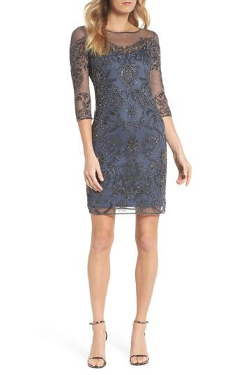 Women's Pisarro Nights Beaded Illusion Mesh Sheath Dress - Grey