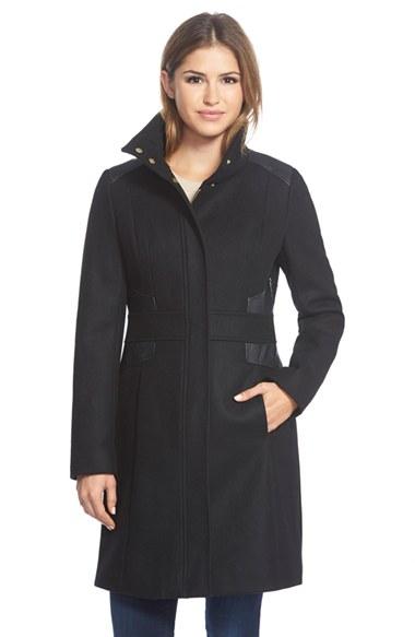 Women's Via Spiga Wool Blend Coat With Faux Leather Trim