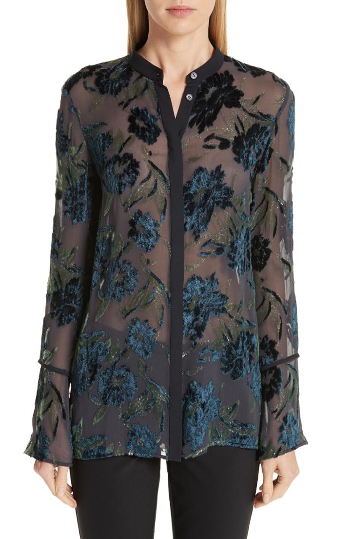 Women's Lafayette 148 New York Nicolette Velvet Devore Blouse - Blue