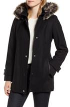 Women's London Fog Faux Fur Hooded Wool Car Coat - Black