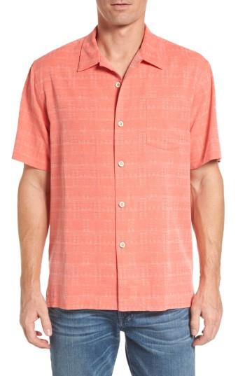 Men's Tommy Bahama 'geo-rific Jacquard' Original Fit Silk Camp Shirt, Size - Orange