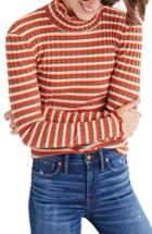 Women's Madewell Stripe Ribbed Turtleneck, Size - Orange