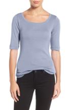 Women's Caslon Ballet Neck Cotton & Modal Knit Elbow Sleeve Tee P - Blue