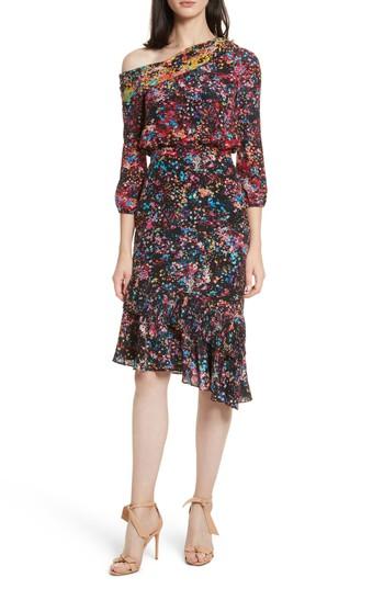 Women's Saloni Lexie Floral Print Silk Off The Shoulder Dress - Black