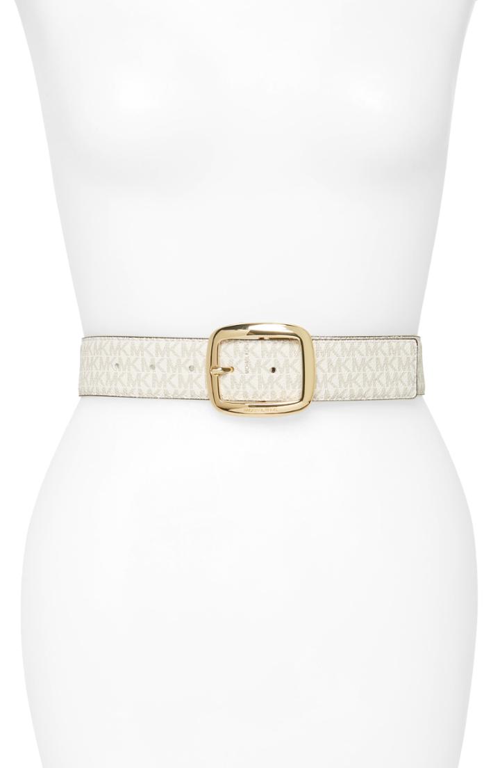 Women's Michael Michael Kors Logo Reversible Calfskin Leather Belt - Vanilla/ Oxblood