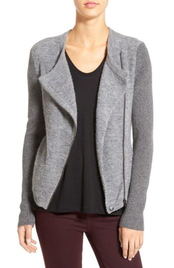 Women's Caslon Mixed Knit Moto Sweater, Size - Grey