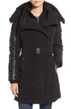Women's Lamarque Asymmetrical Hooded Down Coat With Genuine Leather Trim - Black