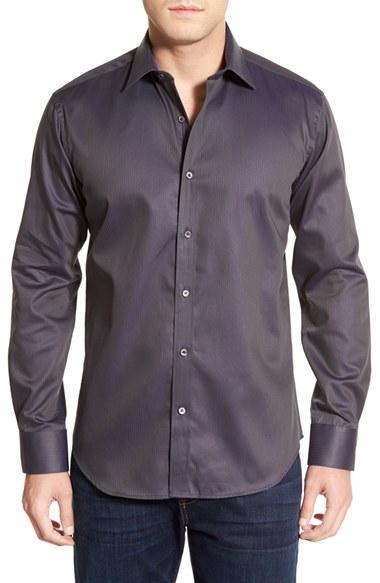 Men's Bugatchi Shaped Fit Stripe Sport Shirt, Size - Blue