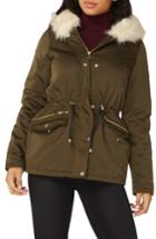 Women's Dorothy Perkins Hooded Parka With Removable Faux Fur Trim Us / 16 Uk - Green