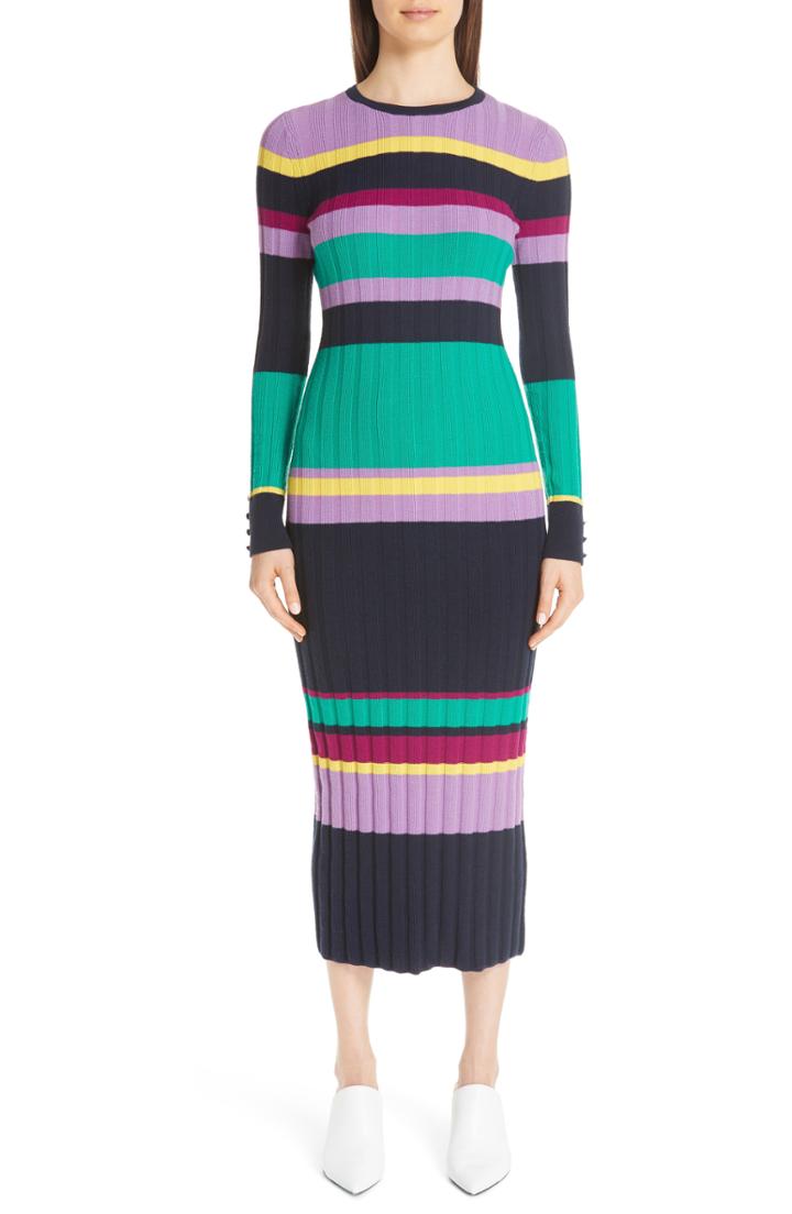 Women's Lela Rose Ribbed Stripe Wool Blend Sweater Dress - Blue