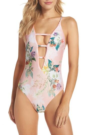 Women's Isabella Rose Blossoms Plunge One-piece Swimsuit - Coral