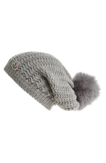 Women's Moncler Waffle Knit Beanie With Genuine Fox Fur Pom - Grey