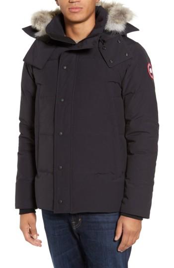 Men's Canada Goose Wyndham Slim Fit Genuine Coyote Fur Trim Down Jacket - Blue