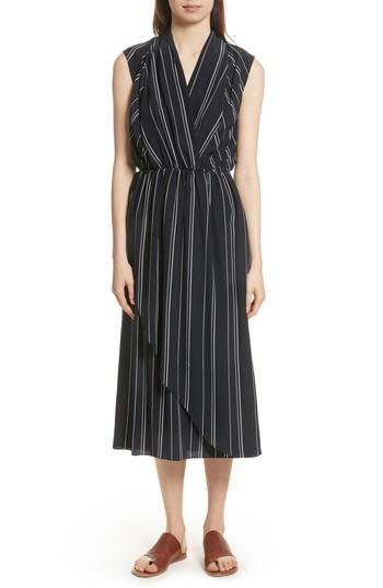 Women's Vince Draped Front Stripe Silk Midi Dress - Blue