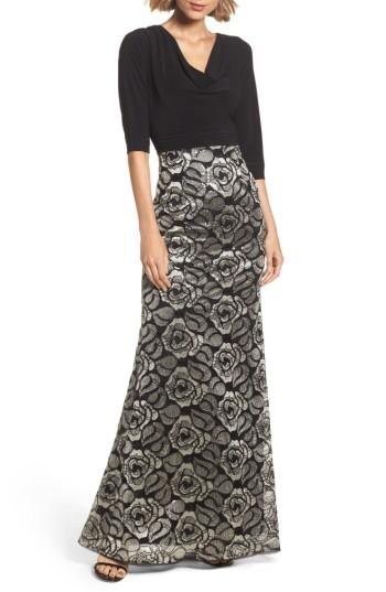 Women's Adrianna Papell Cowl Neck Rose Lace Gown - Black