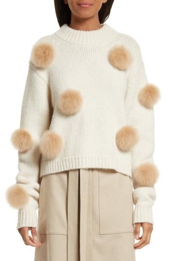 Women's Tibi Genuine Alpaca Fur Trim Pompom Sweater
