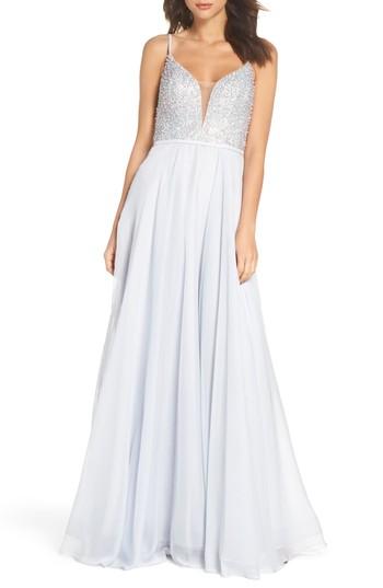 Women's La Femme Beaded Chiffon Gown - Metallic