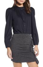 Women's Something Navy Stand Collar Button Through Shirt, Size - Black