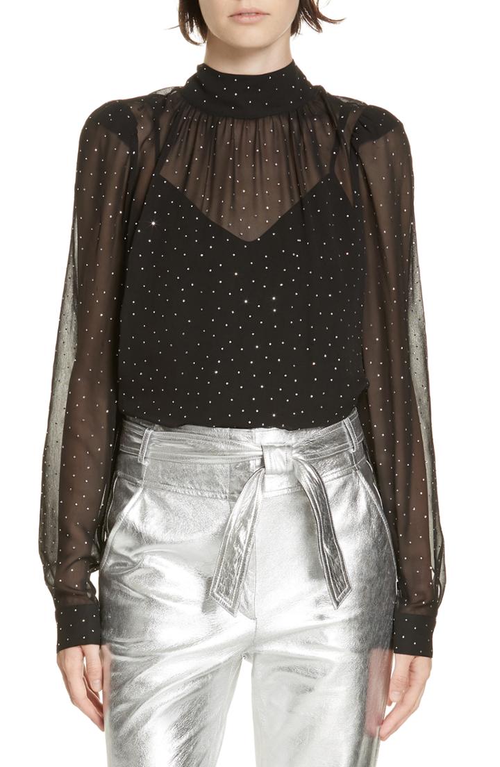 Women's Veronica Beard Melling Sheer Rhinestone Blouse - Black