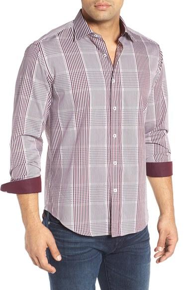 Men's Bugatchi Shaped Fit Check Stripe Sport Shirt