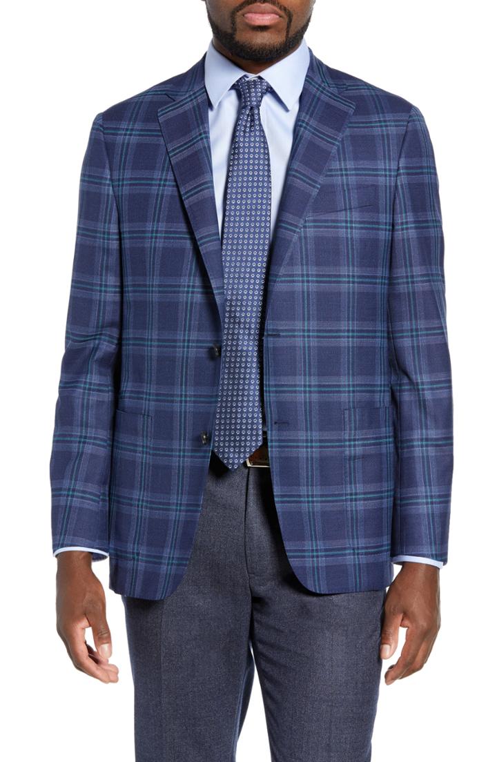 Men's Hickey Freeman Classic B Fit Plaid Wool Sport Coat L - Blue