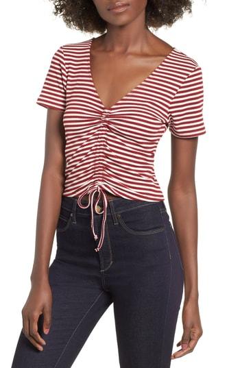 Women's Mimi Chica Stripe Ruched Tee - Burgundy