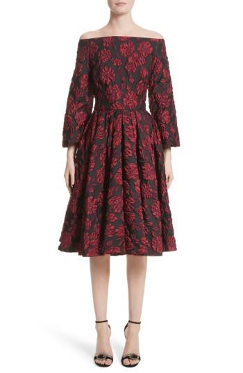 Women's Badgley Mischka Couture. Print Brocade Off The Shoulder Dress - Burgundy