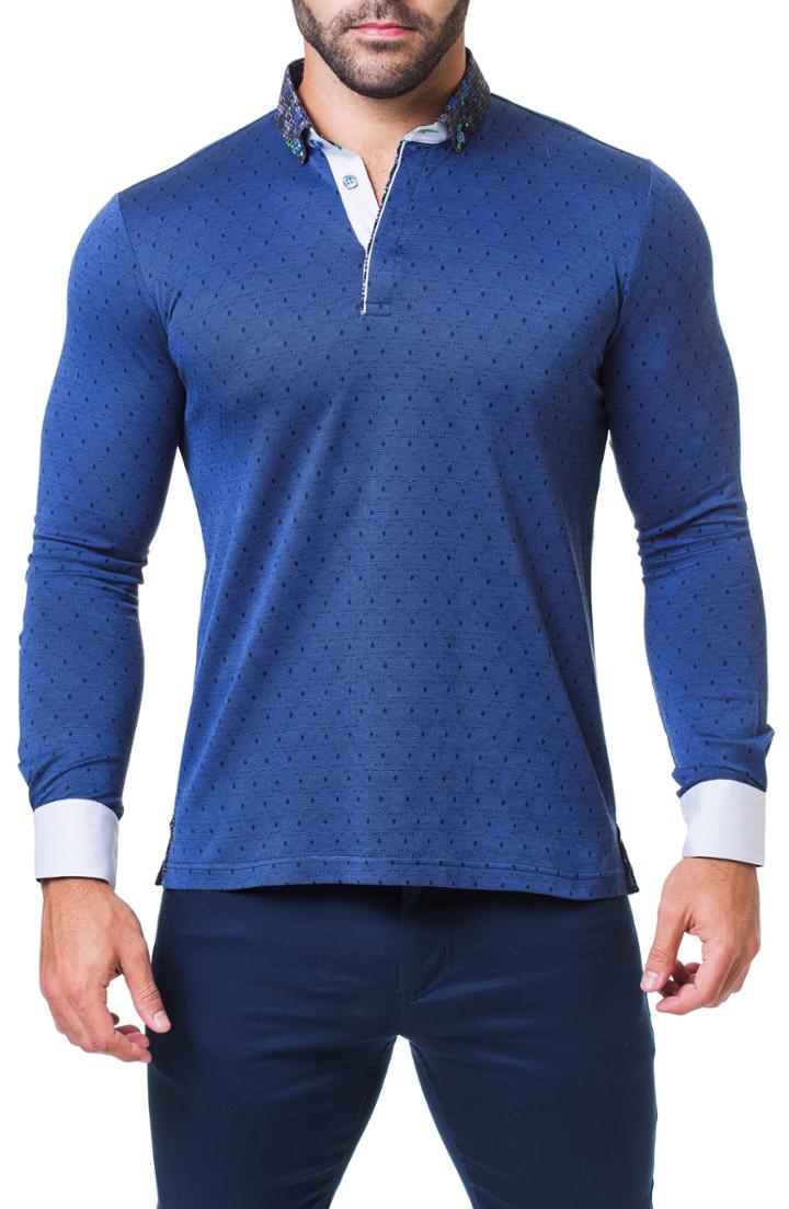 Men's Maceoo Newton Polka Trim Fit Long Sleeve Polo - Blue