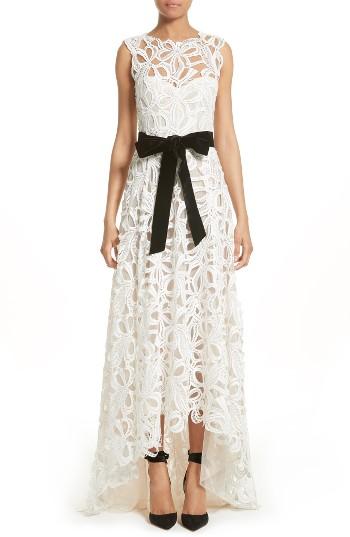 Women's Monique Lhuillier Velvet Tie Lace A-line Gown