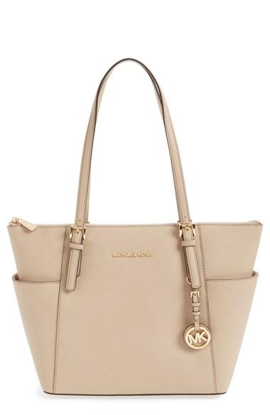 Michael Michael Kors 'jet Set' Leather Tote - Beige