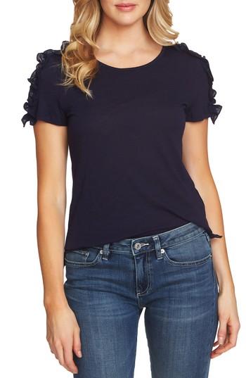 Women's Cece Mixed Media Ruffle Sleeve Cotton Blend Tee - Blue