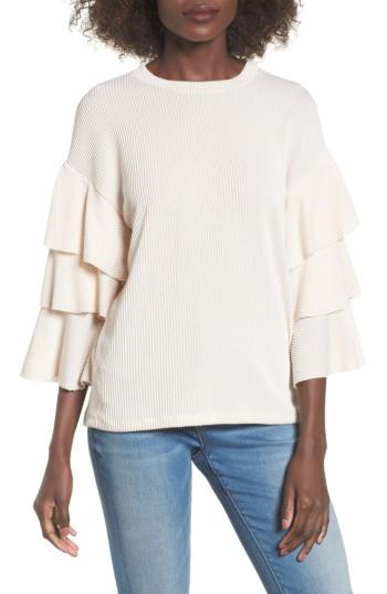 Women's Ribbed Ruffle Sleeve Top - Beige