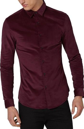 Men's Topman Muscle Fit Corduroy Shirt - Burgundy
