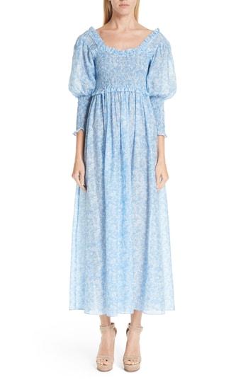 Women's Ganni Floral Smocked Maxi Dress Us / 34 Eu - Blue