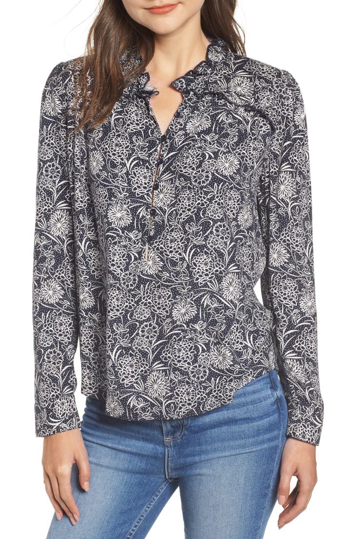 Women's Hinge Ruffle Detail Popover Blouse, Size - Blue