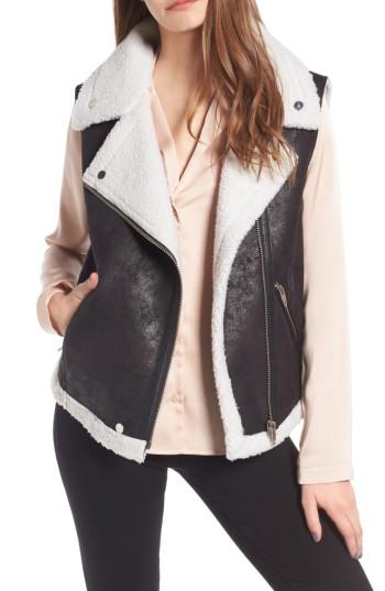 Women's Love Token Faux Shearling Moto Vest - Black