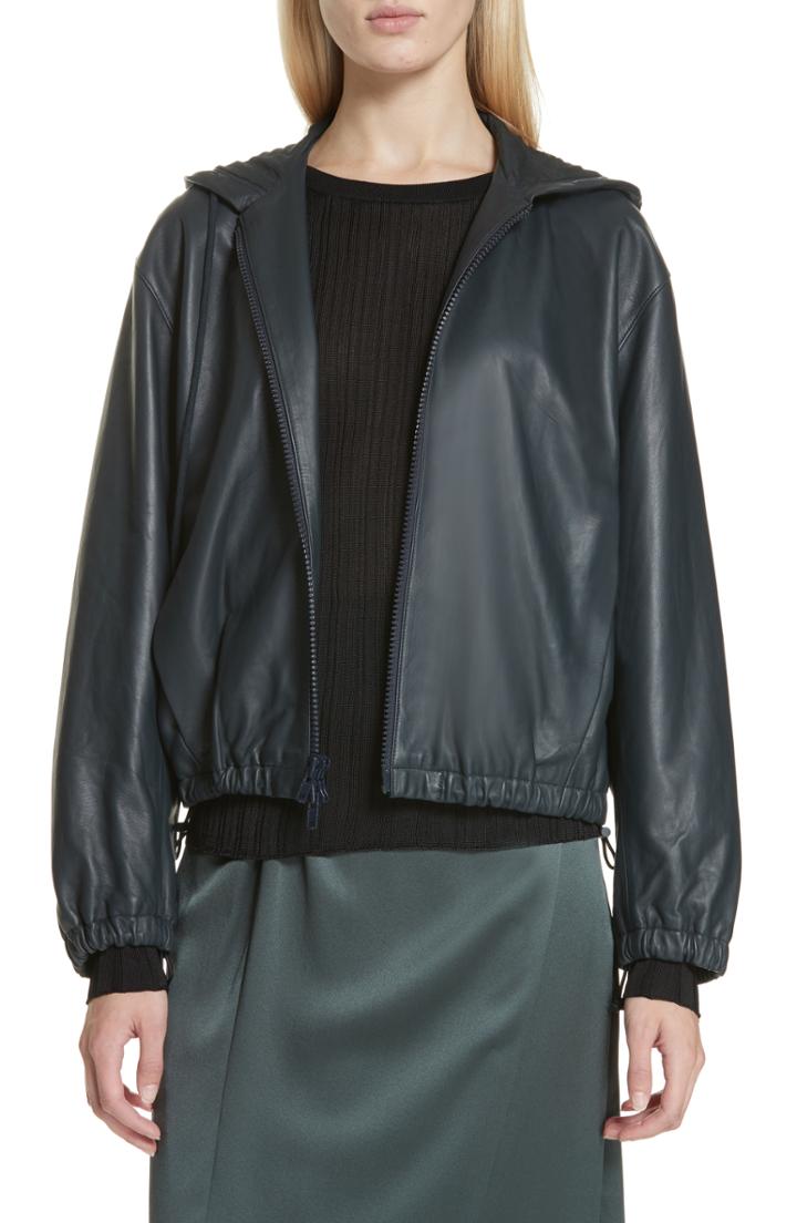 Women's Vince Leather Zip Front Hooded Jacket - Green