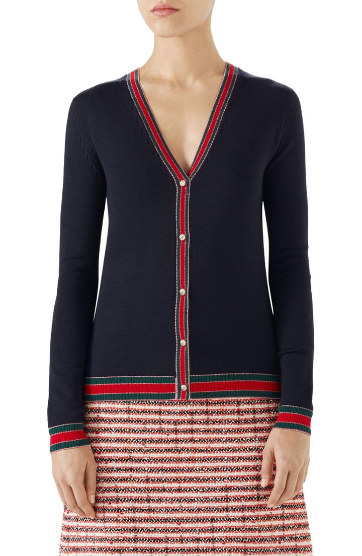 Women's Gucci Stripe Trim Wool Cardigan