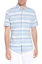 Men's Ledbury Amberfield Stripe Classic Fit Cotton & Linen Sport Shirt - Blue