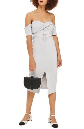Women's Topshop Twist Lace-up Off The Shoulder Dress Us (fits Like 0) - Grey