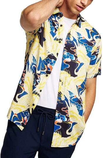 Men's Topman Crane Print Woven Shirt - Yellow