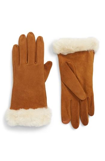 Women's Ugg Classic Touchscreen Compatible Gloves With Genuine Shearling Trim - Brown