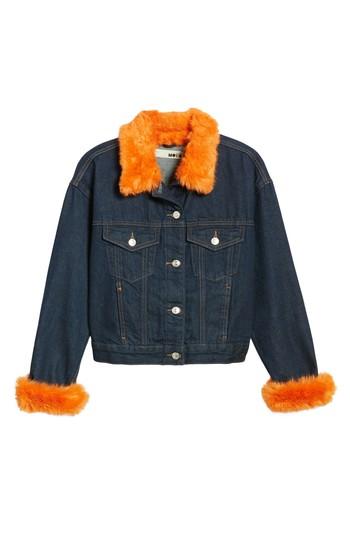 Women's Topshop Tilda Faux Fur Trim Denim Jacket Us (fits Like 0-2) - Blue