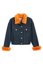 Women's Topshop Tilda Faux Fur Trim Denim Jacket Us (fits Like 0-2) - Blue