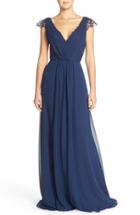 Women's Hayley Paige Occasions Lace & Chiffon Cap Sleeve Gown - Blue