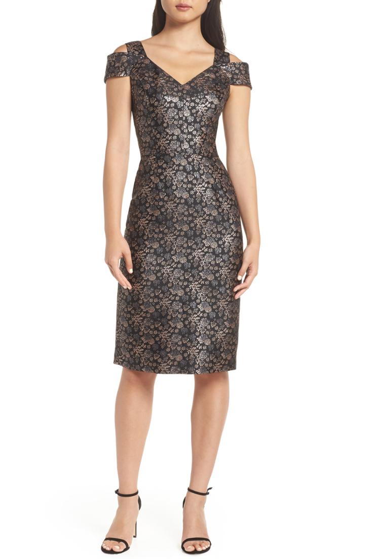 Women's Maggy London Twilight Rose Metallic Brocade Cold Shoulder Dress (similar To 16w) - Black