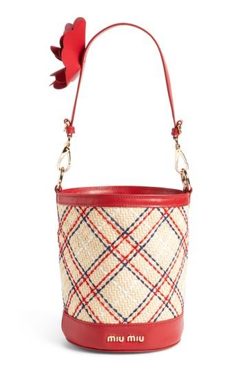 Miu Miu Raffia Paglia Ricamo Tartan Bucket Bag - Beige