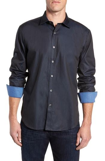 Men's Bugatchi Shaped Fit Contrast Cuff Sport Shirt - Blue